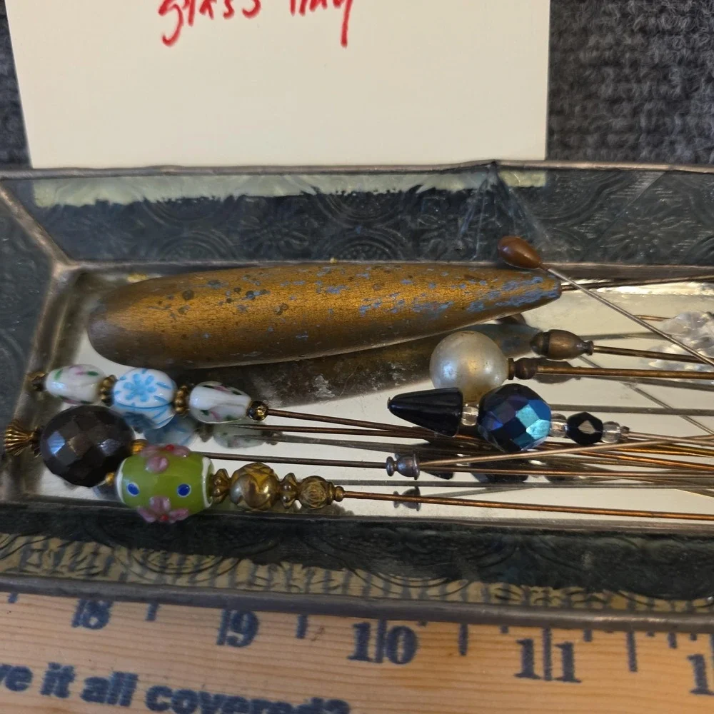 Vtg 31pc‎ Hat Pin Hair Collection Glass Pearl Victorian Artsy W/ Glass Tray Rare